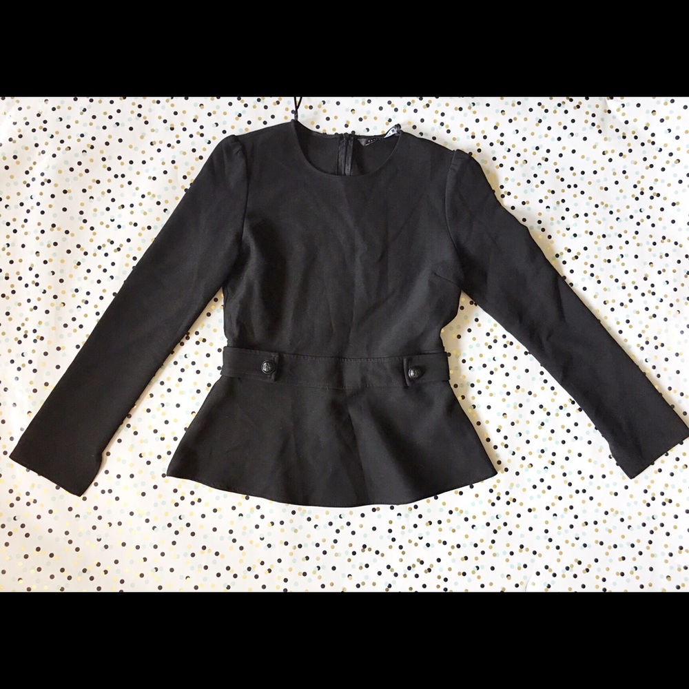 ZARA Black Long Sleeve Button Peplum Blouse